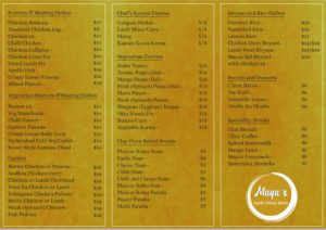 Maya's Bistro Takeaway Menu Page 2